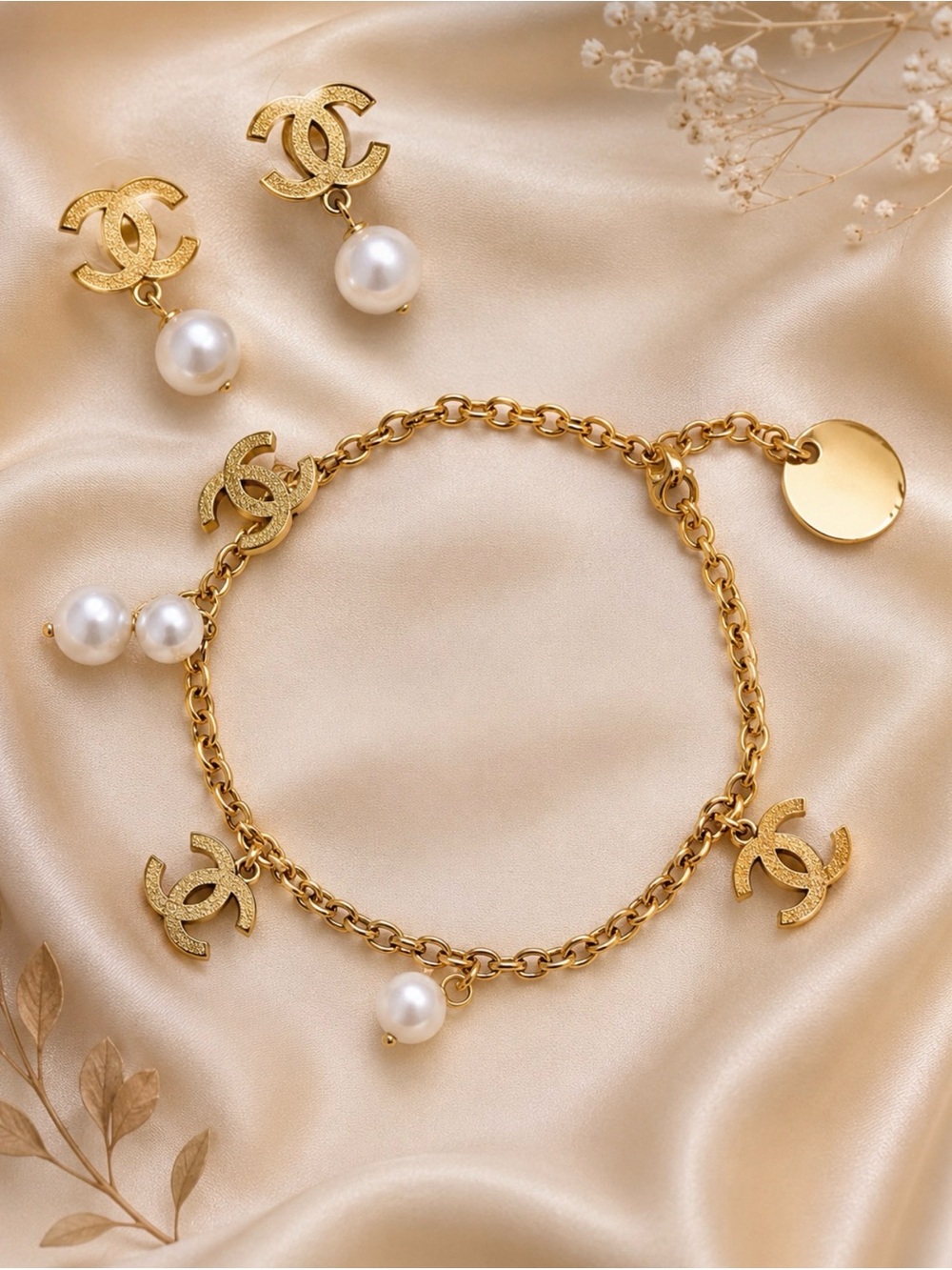 Gold-Tone Charm Bracelet & Pearl Stud Earring Set